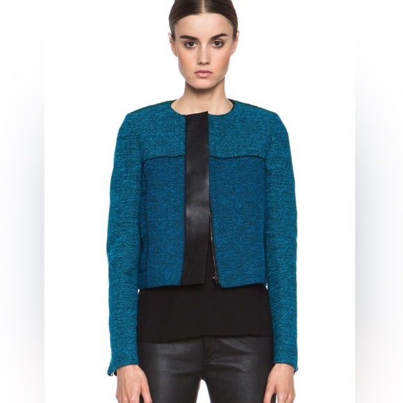 PROENZA SCHOULER
Tweed Jacket Size 8 Cropped Leather trim blue - Picture 1 of 5